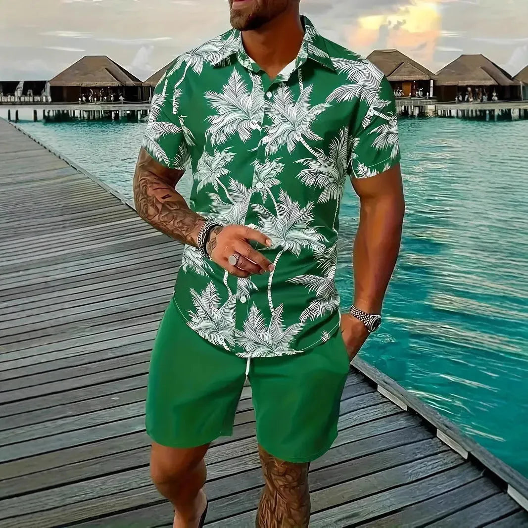 Men's 3D printed Hawaiian patterned shirt and shorts casual set in polyester fabric