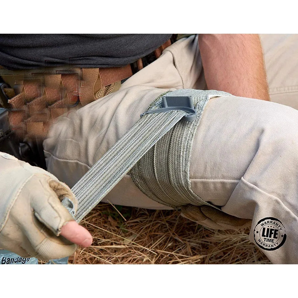 Portable hemostatic bandage in 4 inch and 6 inch sizes with tactical gauze tape for first aid kits.