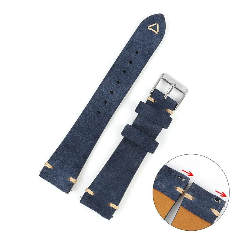 Genuine suede leather watch strap showing small waist design in available colours