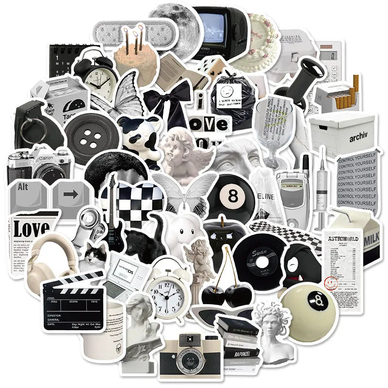 61-piece black and white PVC waterproof stickers for laptops and coffee cup painting