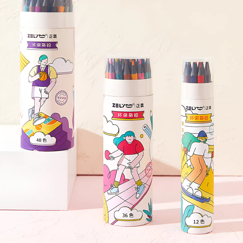Zhenglin Sports colour pencils in 24 or 36 colour sets with paper barrels for children's art projects