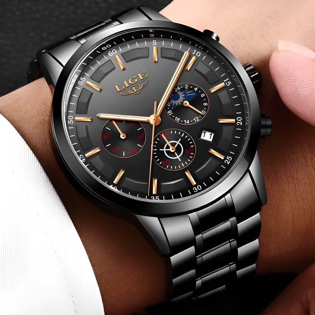 Men's waterproof moon quartz sports watch 12mm thickness black and rose red gold face