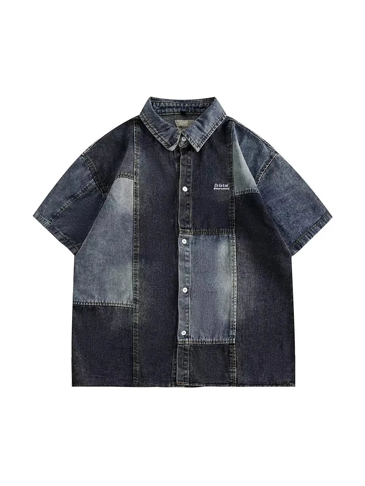 Blue Japanese-style denim shirt with washed stitching, loose fit, and cardigan style for men