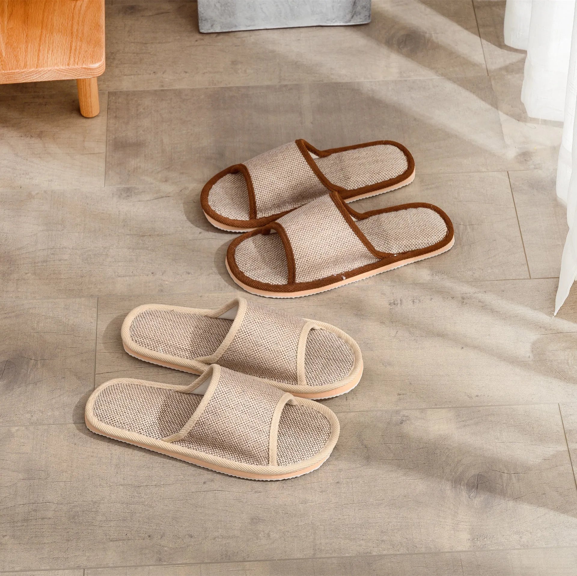 Women's open toe slippers in linen material, shown in a light brown colour with thickening sole.
