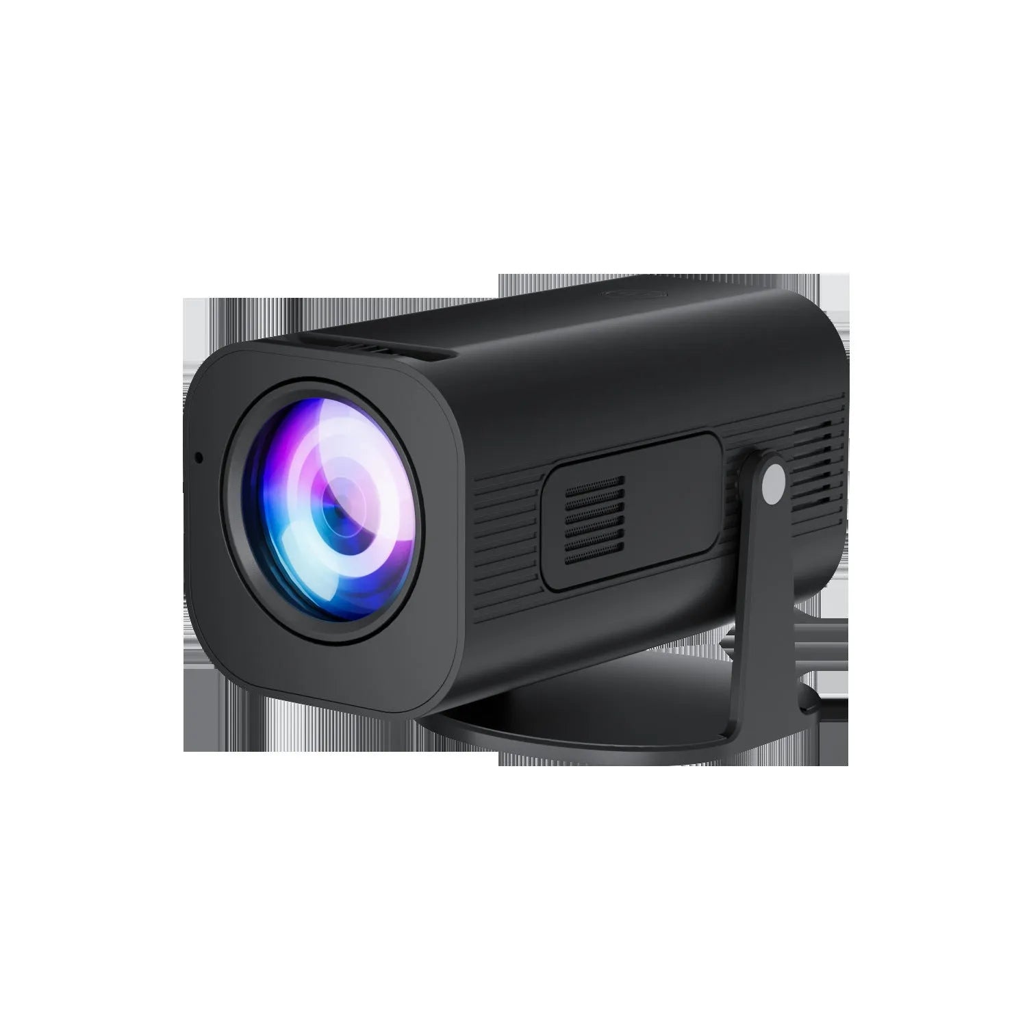 Black P330 portable mini projector with remote control on table displaying movie projection