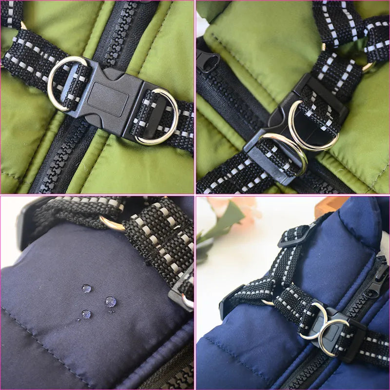Waterproof dog winter coat with harness opening in rain silk fabric