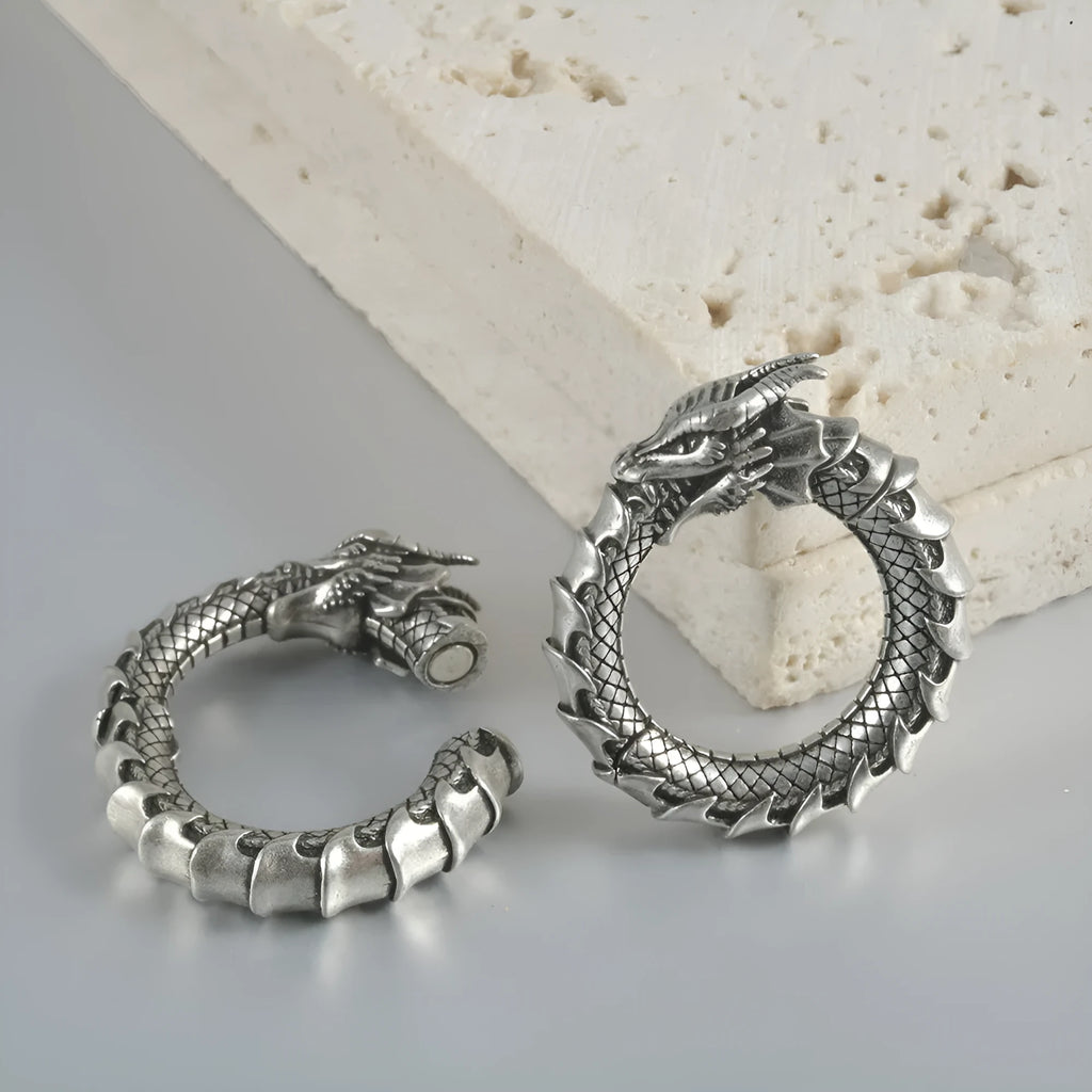 Geometric hollow earrings with antique silver dragon finish and stainless steel alloy construction