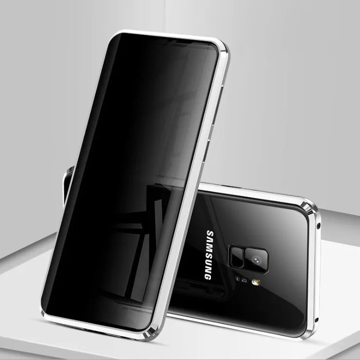 Anti-peeping magnetic phone case for Samsung with double-sided glass and metal frame in solid black colour
