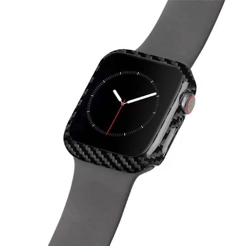 Bright black carbon fibre half wrap leather case on a 44mm Apple Watch 4