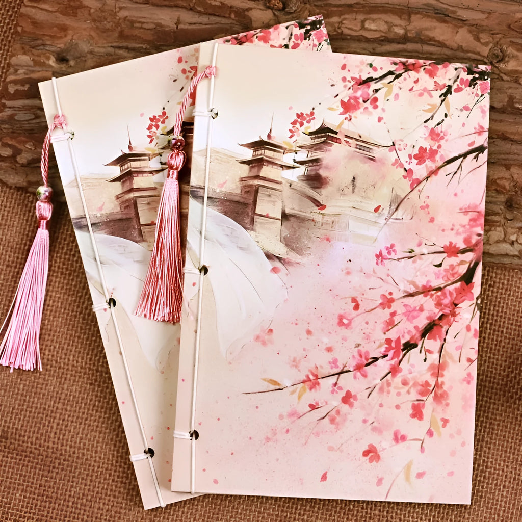 Watercolour retro Chinese style thread-bound notebook with Azalea colour paper cover, 140x208mm
