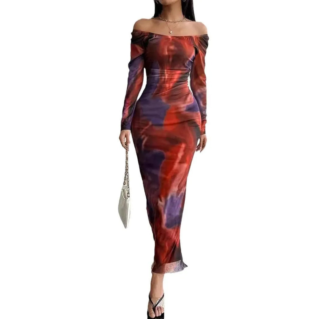 Long mesh fishtail evening dress with square collar and printed pleated gradient colour design
