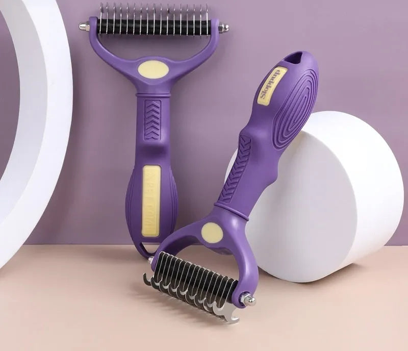 Purple double-sided plastic pet grooming comb for untying knots on cats and dogs