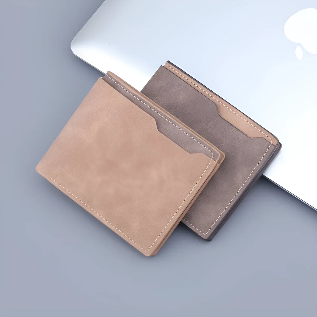 Men's short PU bifold wallet in frosted dark brown contrast colour, 11.5x9.5cm compact size