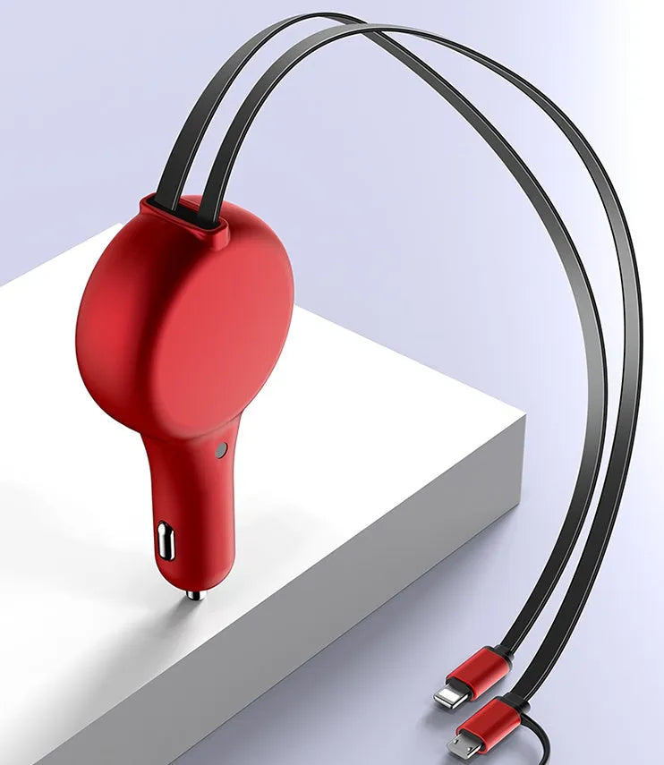 Black retractable car charger with extended cables plugged into a car power outlet.