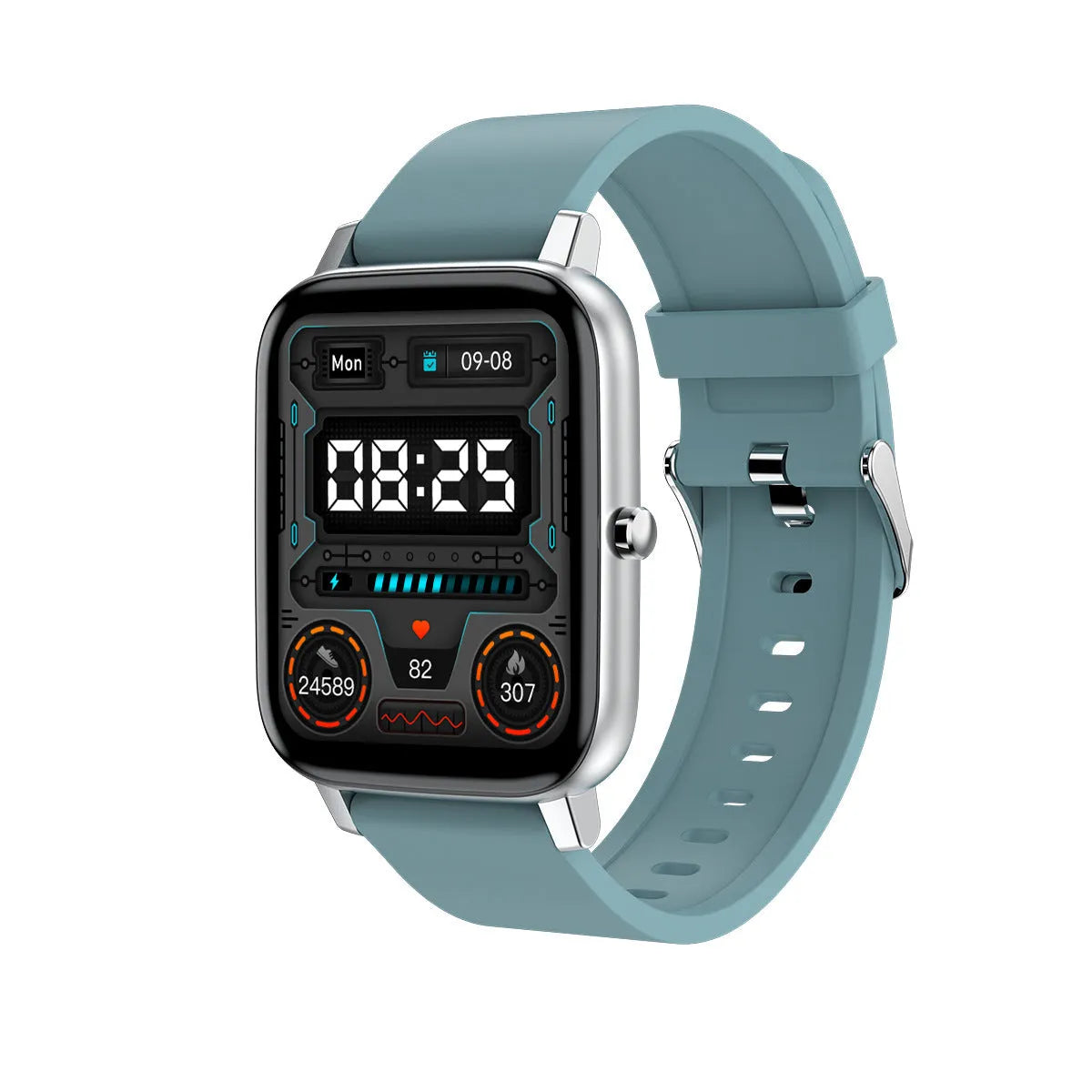 H80 smart watch with ECG and blood oxygen monitoring on a silicone strap, showing the 1.69-inch touch screen.