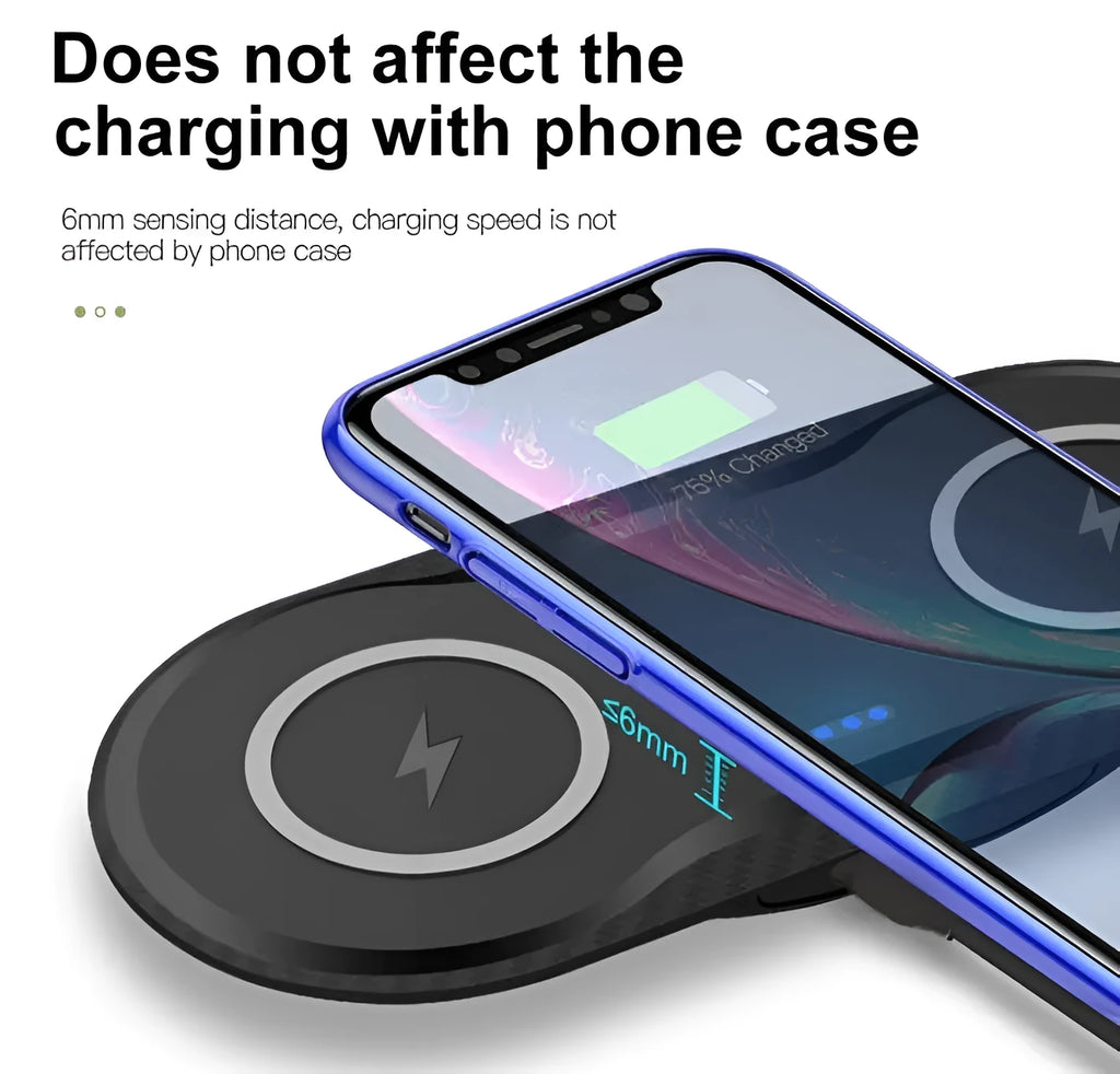 Black dual wireless charging pad charging two smartphones simultaneously on desk
