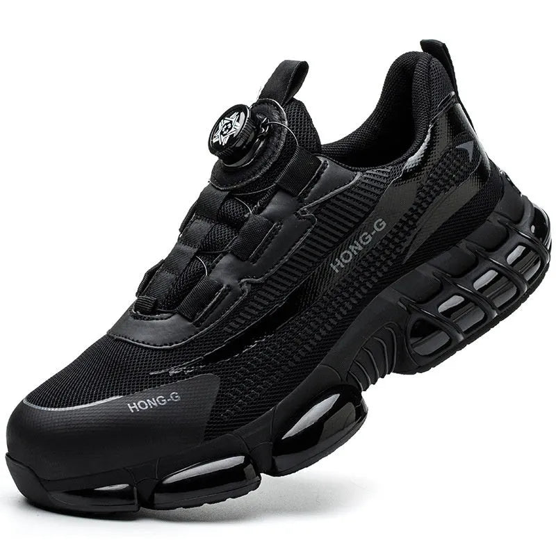 Lightweight black safety work shoes with laces and a steel toe cap on a grey background.