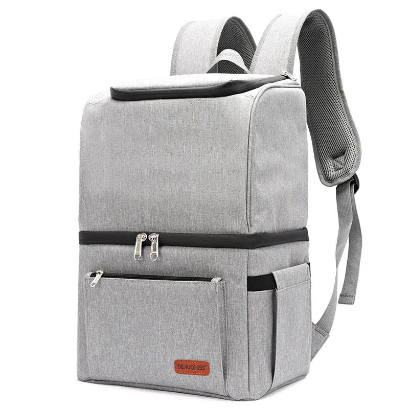 Blue double layer insulated waterproof backpack with a 22L capacity for picnics and camping.