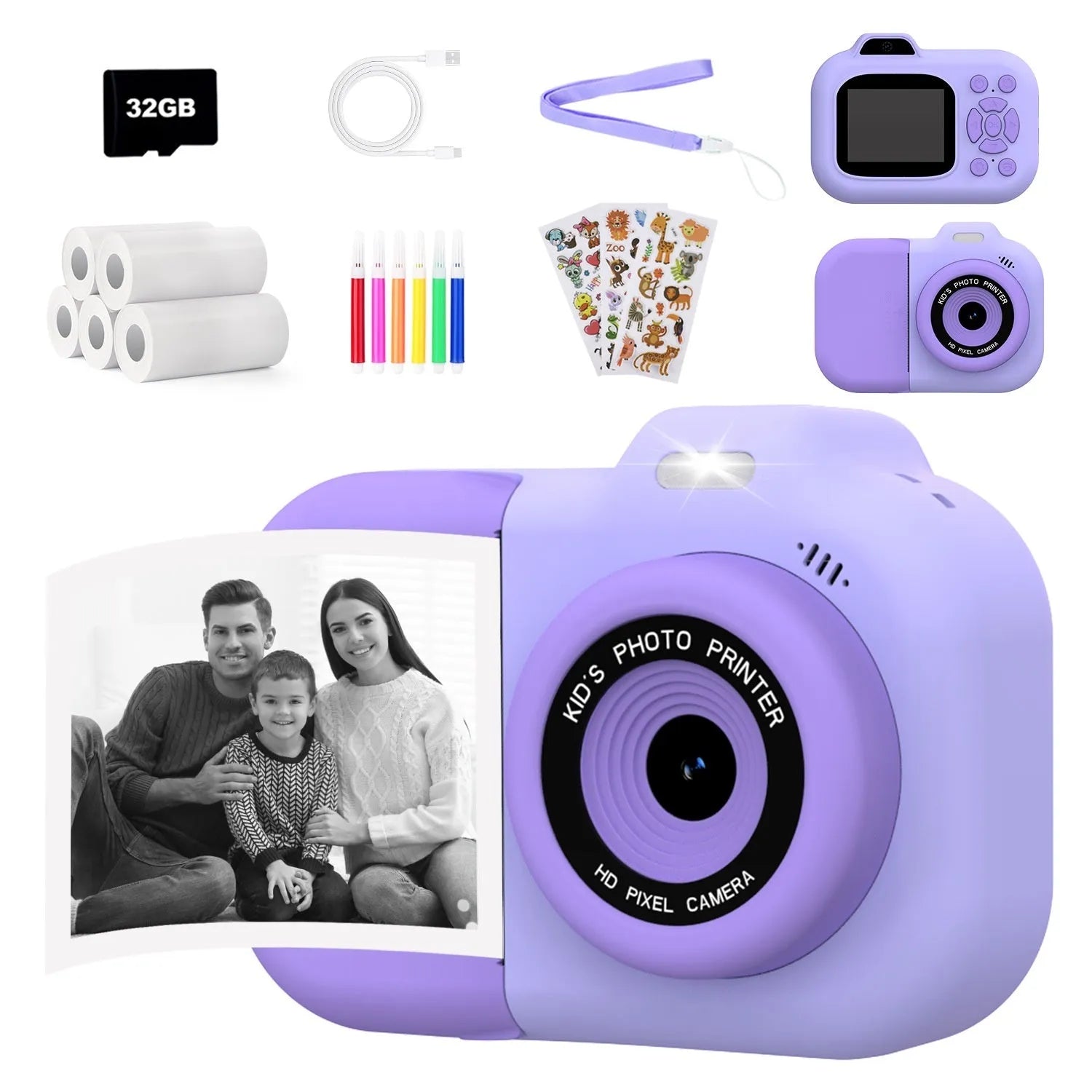 Children's digital toy camera in pink, blue, or purple with photography, video, games, and MP3 functions