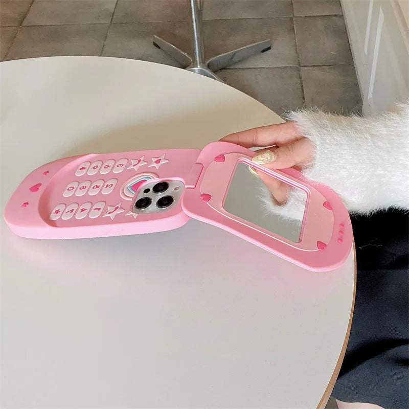 Light pink silicone iPhone case with flip cover mirror for iPhone protection