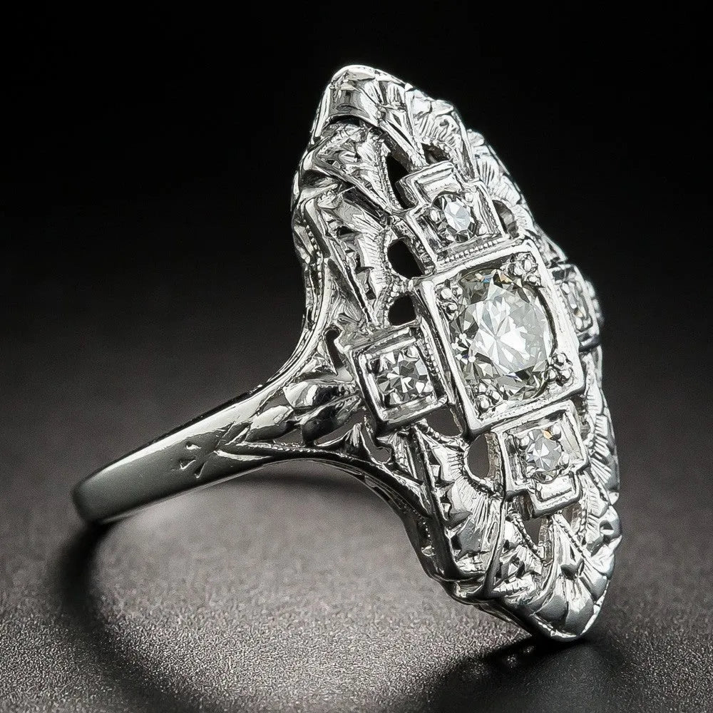 Hollow out geometry ring with diamond studding in electroplated silver finish