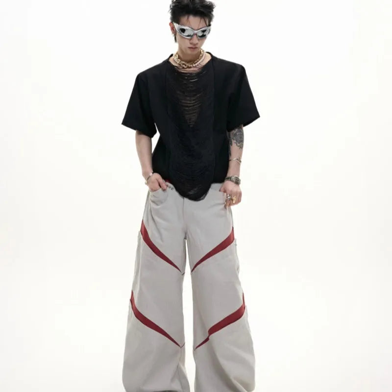 Men's black polyester t-shirt with V-neck hollow out design and loose fit
