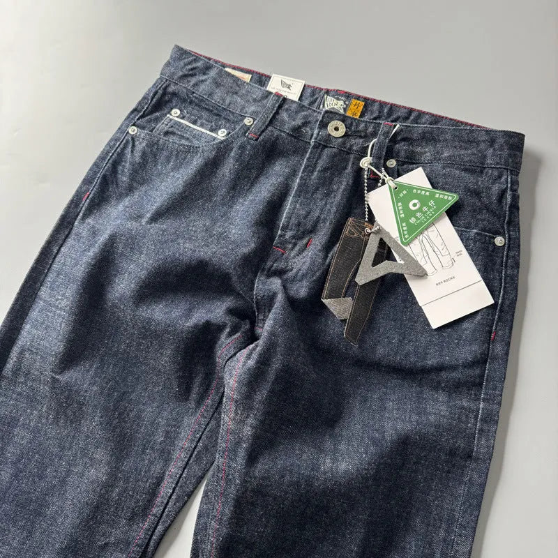 Men's straight-leg denim trousers in primary colour with American retro styling and mid-waist design