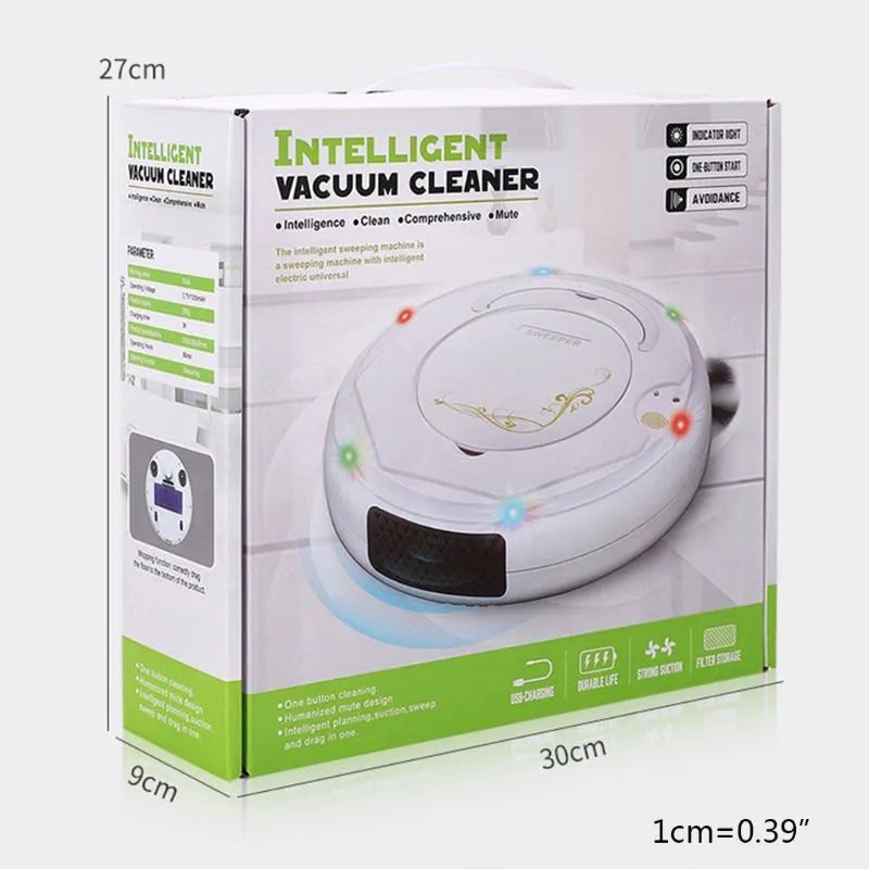 Lazy Smart floor sweeping robot vacuum cleaner in black, blue, or white on hard wood flooring