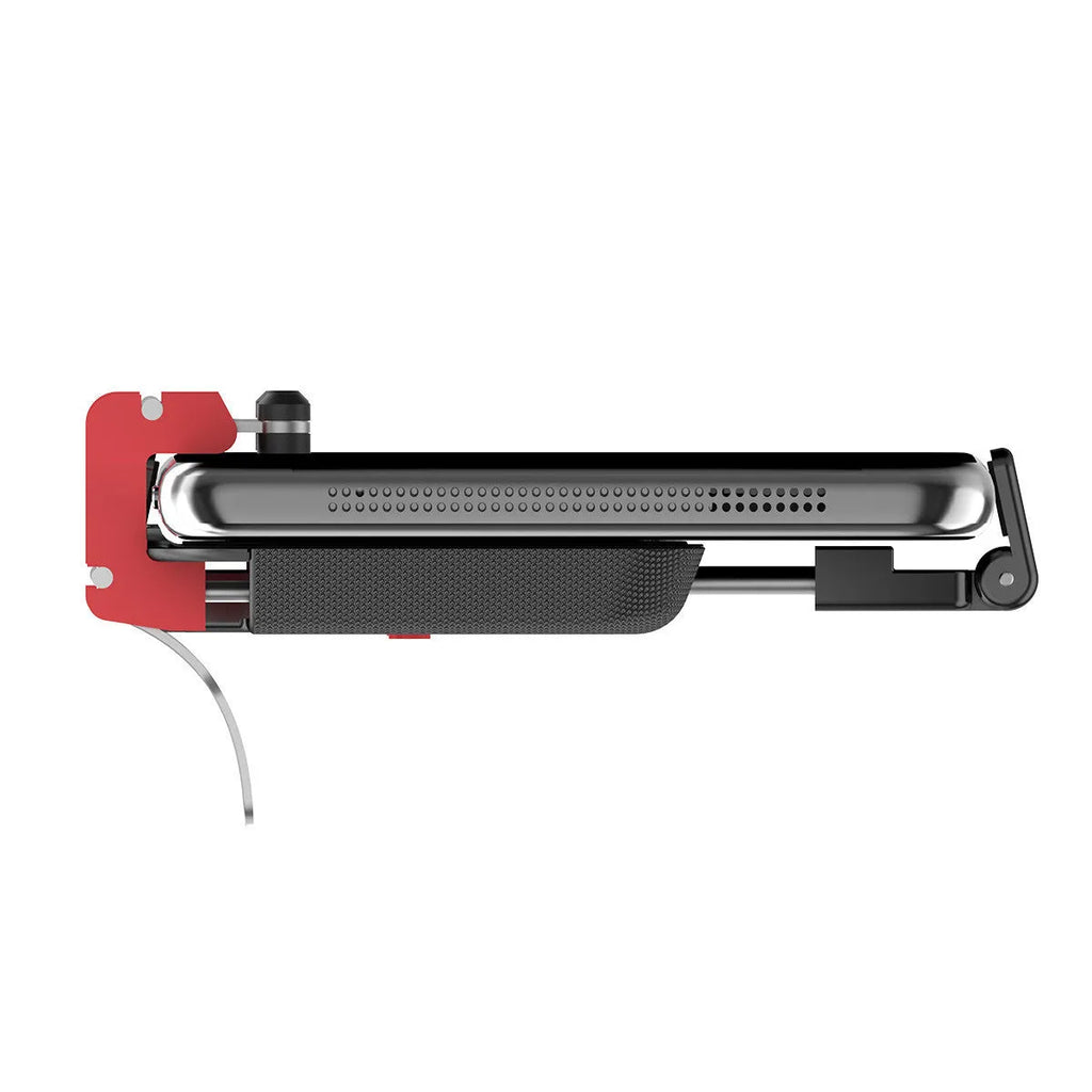 Black PG-9137 mobile game trigger with metal button and telescopic clip attached to a smartphone