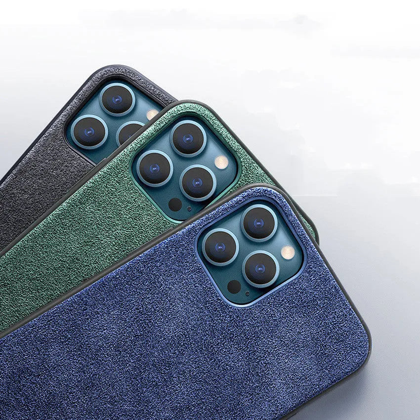 Suede iPhone case in three colours: elegant black, dark night green, and dark blue