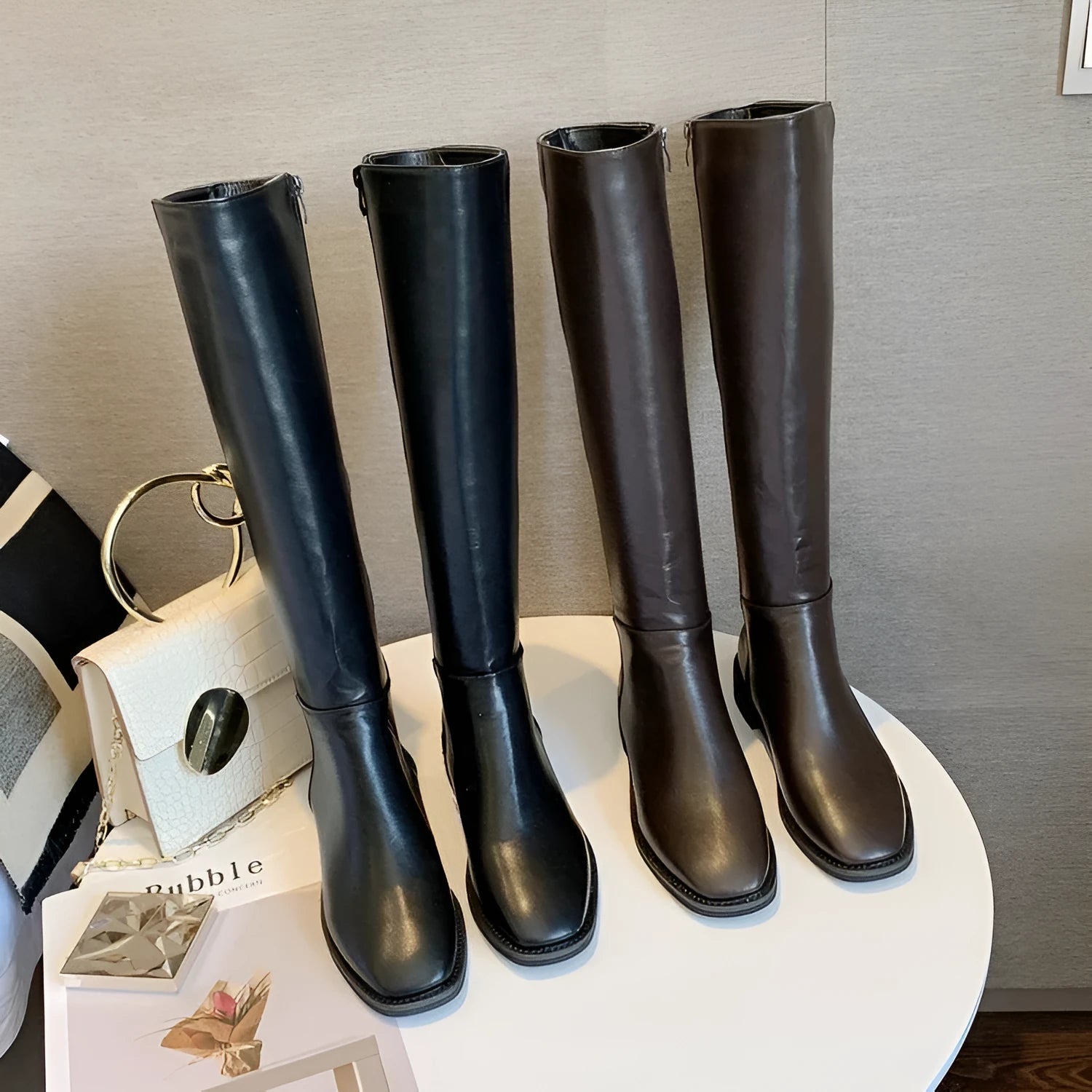 Women's thick heel mid-heel over the knee boots in black with car suture detailing