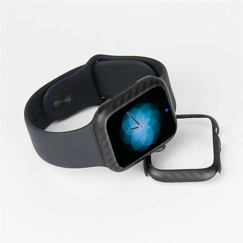 Bright black carbon fibre half wrap leather case on a 44mm Apple Watch 4