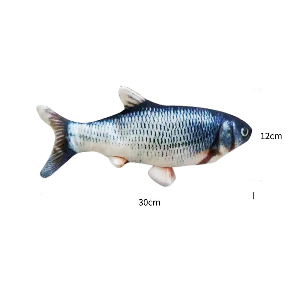 Multicolour 30cm long electronic jumping fish cat toy with USB cable.