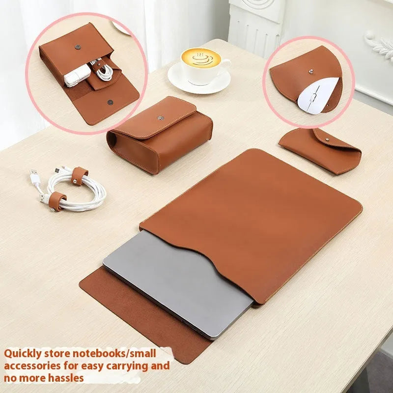 Four piece set of imitation leather lock edge notebook liners in brown grey apricot and pink for laptops