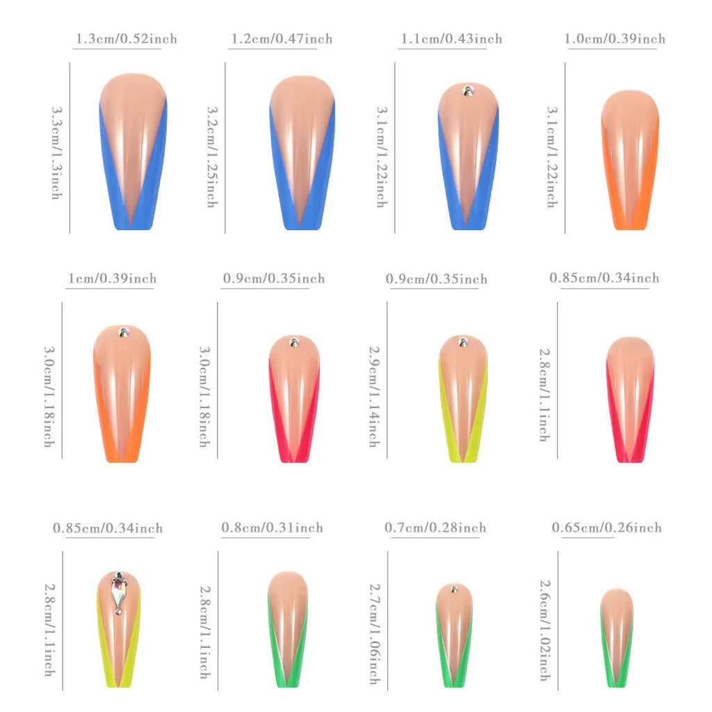 Detachable false nail tips with diamond colour French finish and red cartoon cross-heart pattern.