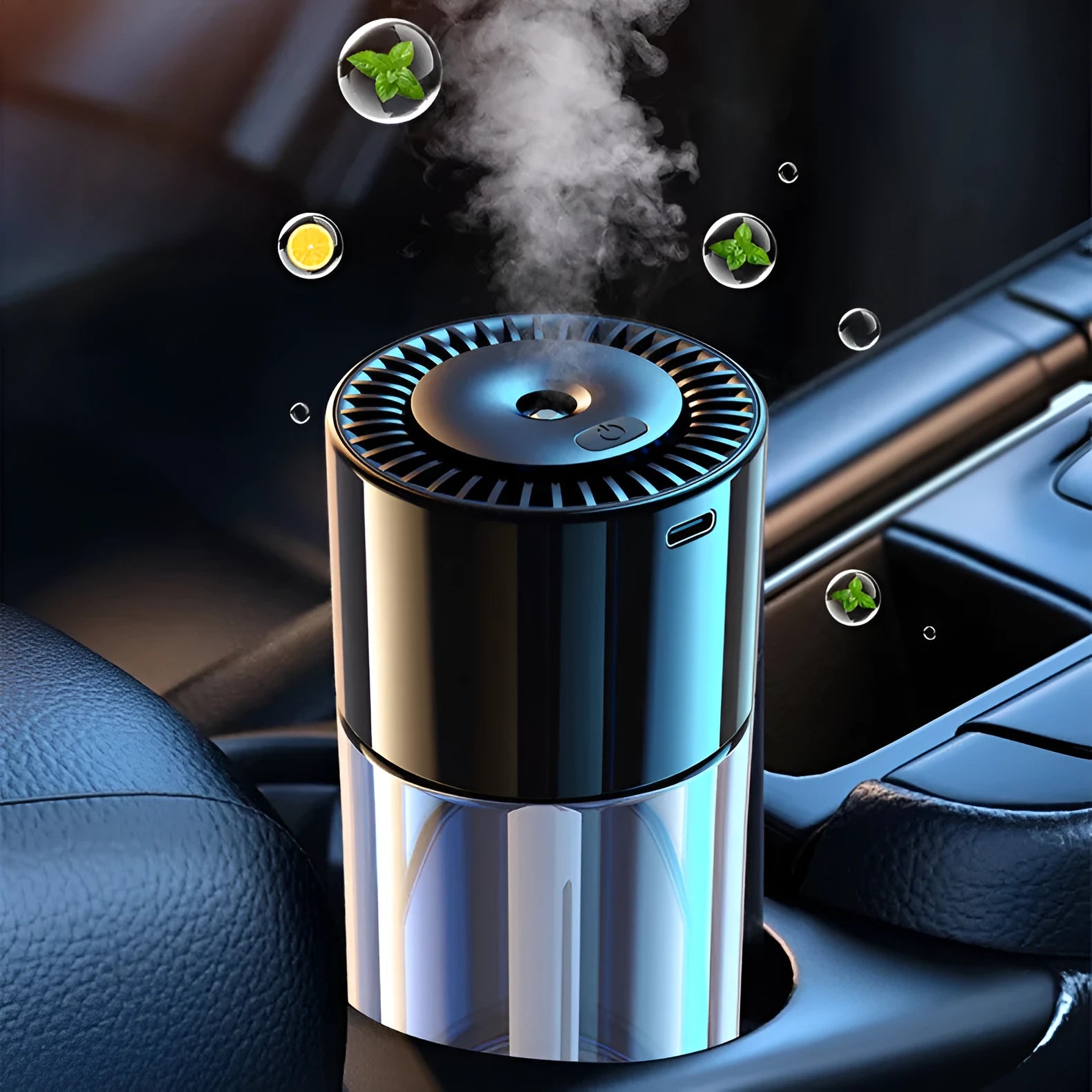Glass perfume seat humidifier with USB plug, 12.7cm height, available in multiple fragrance colours