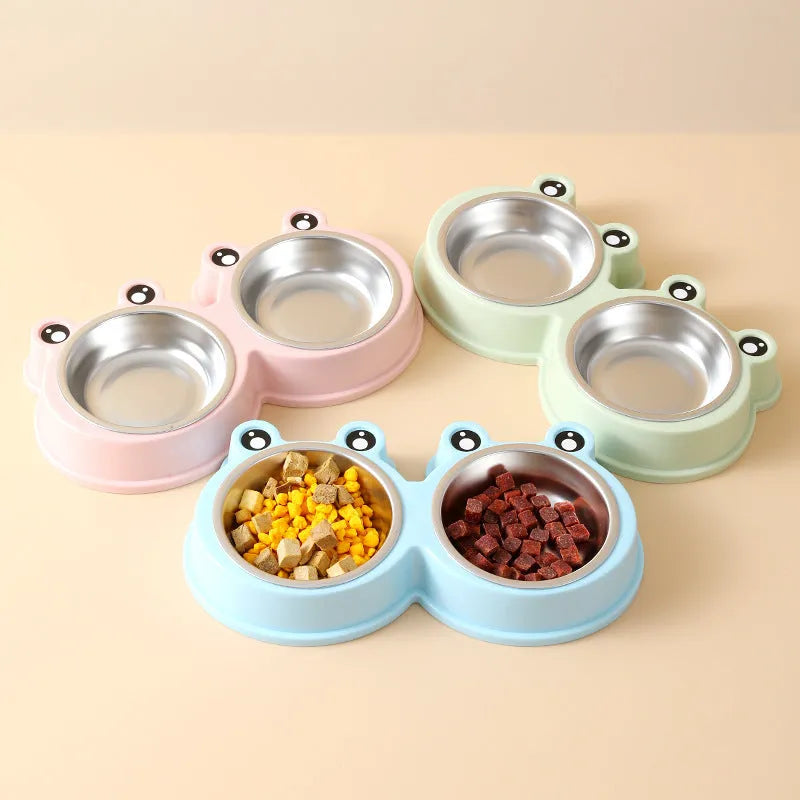 Stainless steel pet double bowl in frog shape for feeding and drinking water