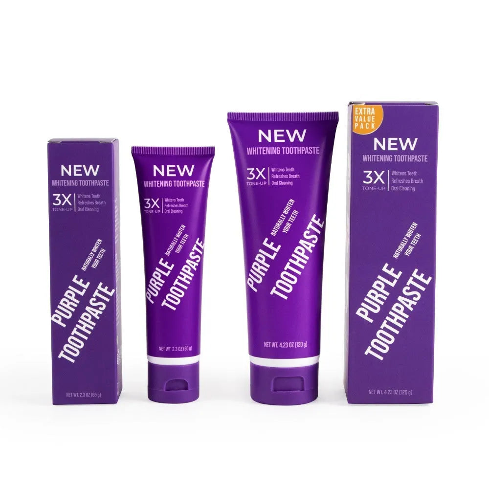Purple whitening toothpaste tube for yellow stain removal in 120g and 65g sizes