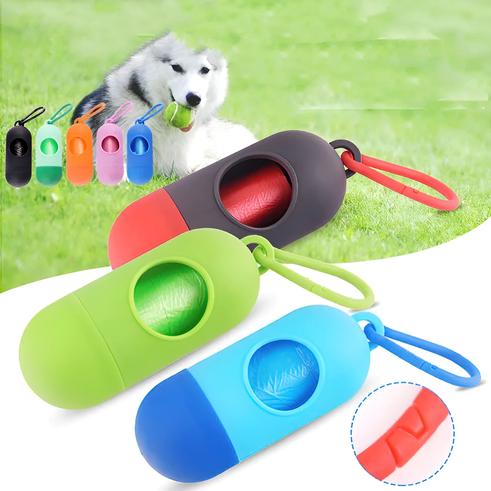 Compact dog waste bag dispenser with clip hook showing Velcro fastening for securing waste bag rolls