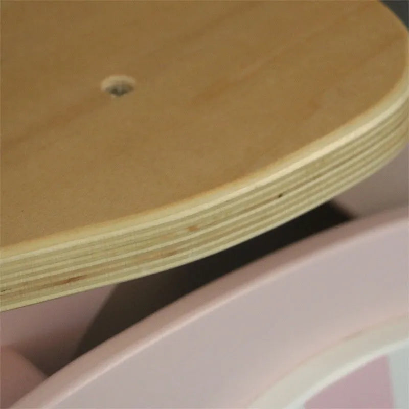 Pink wooden balance scooter for toddlers aged 1-6 years, 10-inch size.