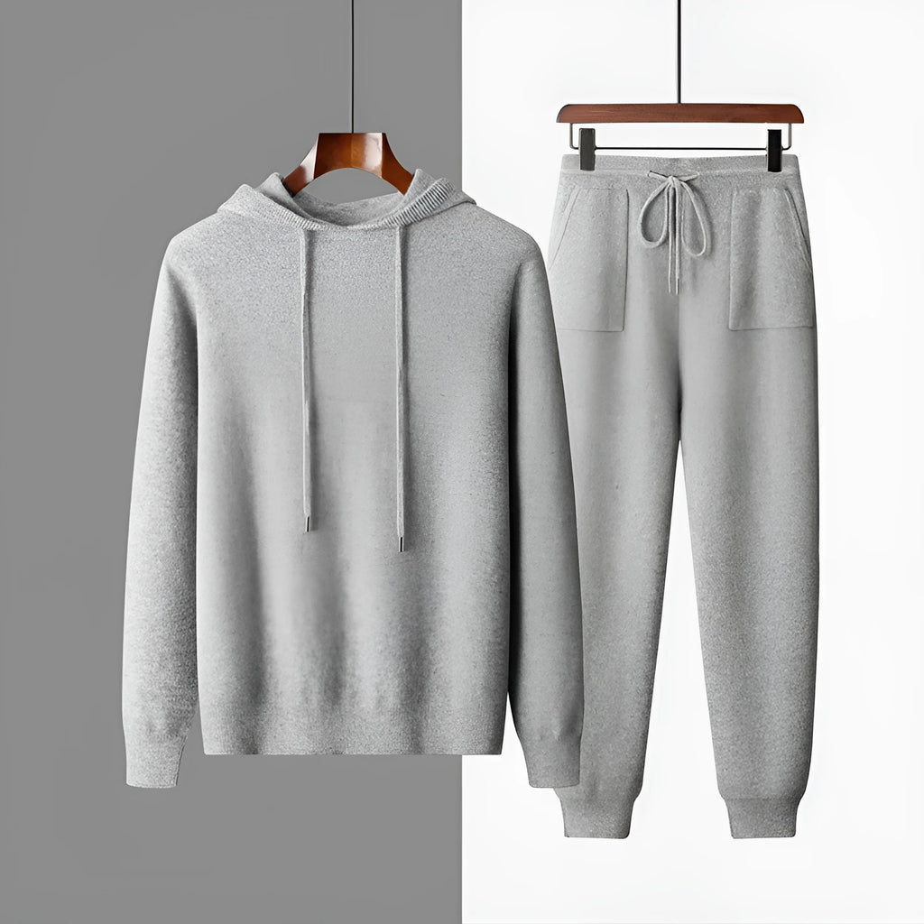 Men's light grey cashmere hooded sweatshirt and trousers casual winter set laid flat