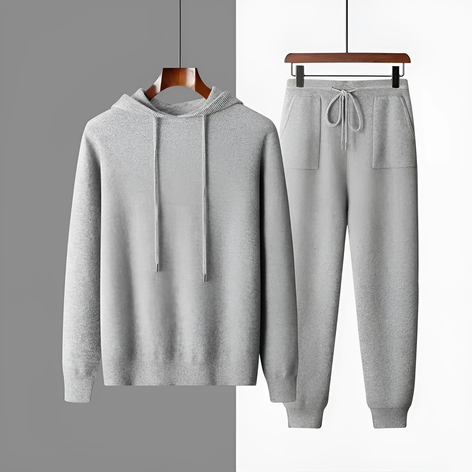 Men's light grey cashmere hooded sweatshirt and trousers casual winter set laid flat