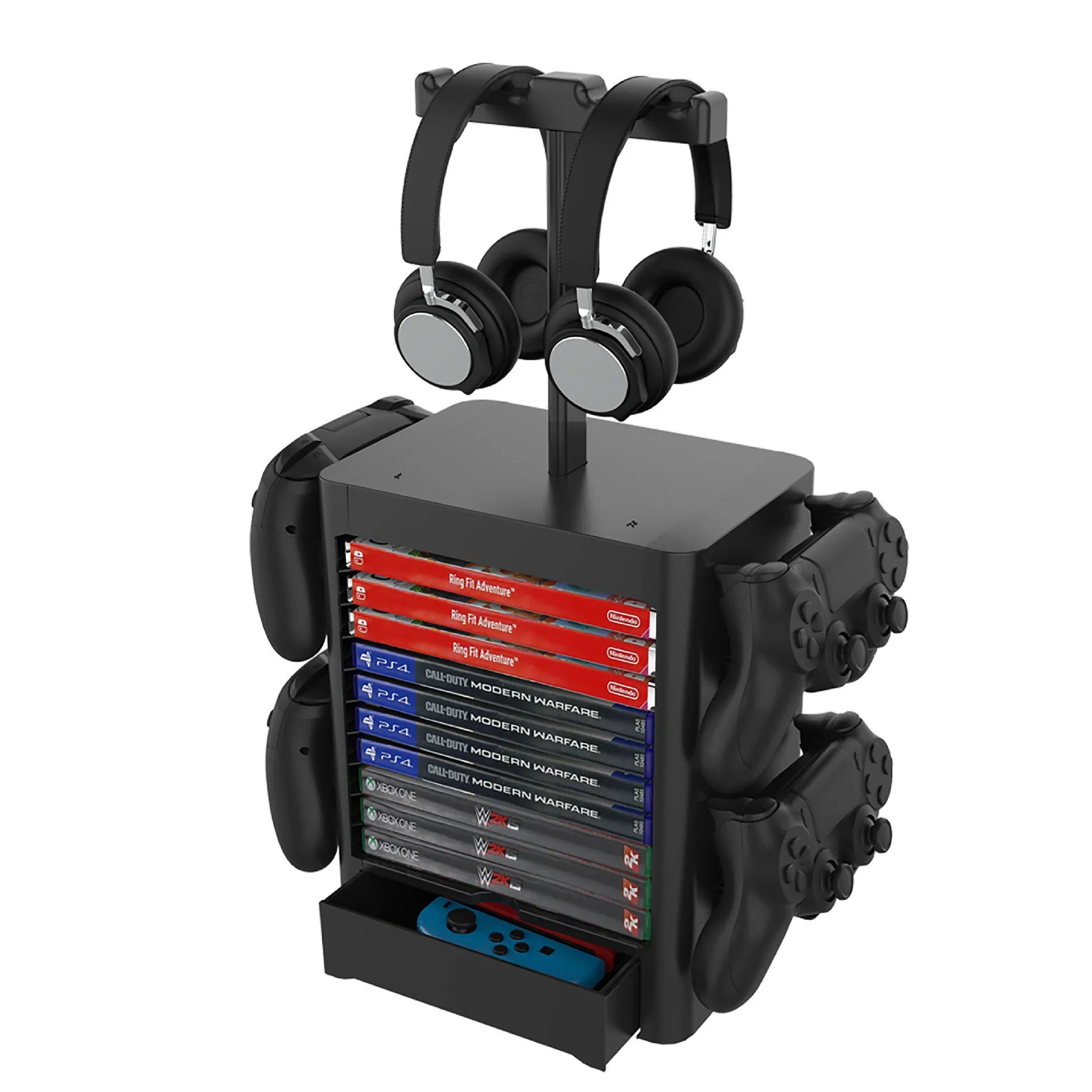 Black ABS game controller and headphone storage rack with side hooks and a bottom drawer.