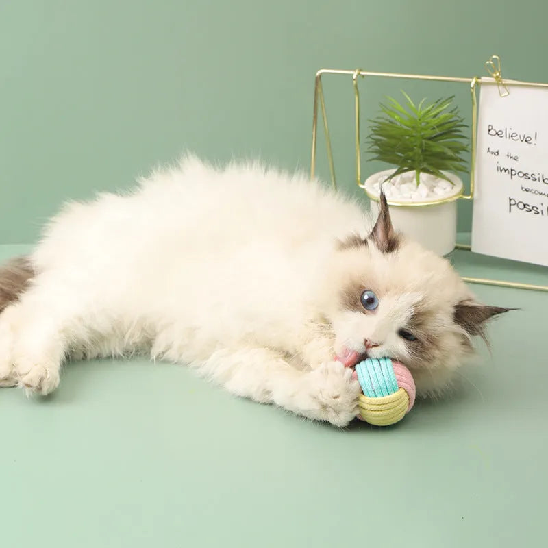 Handmade blue powder and green plush cotton ball cat toy for teeth grinding and play.