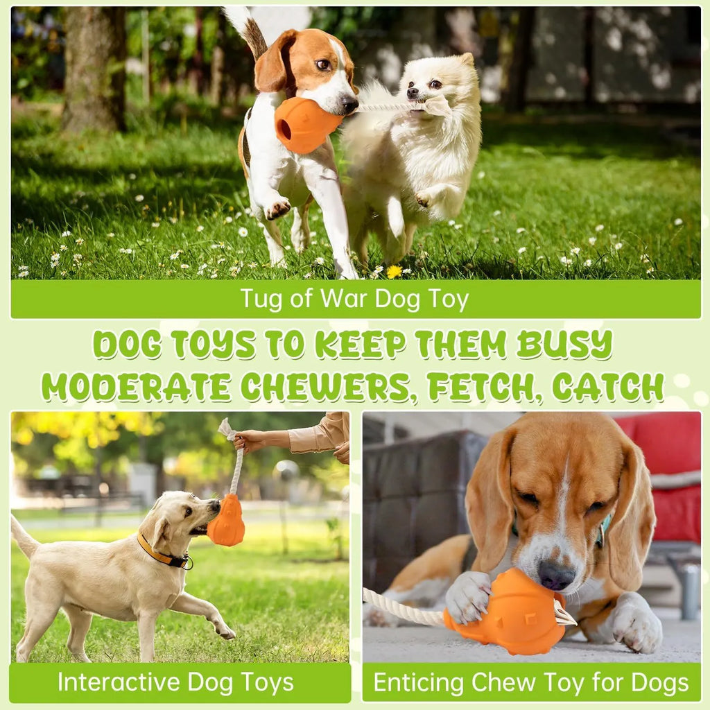 Natural rubber stuffable dog toy for small medium breeds, shown with treat filling and longer strap.