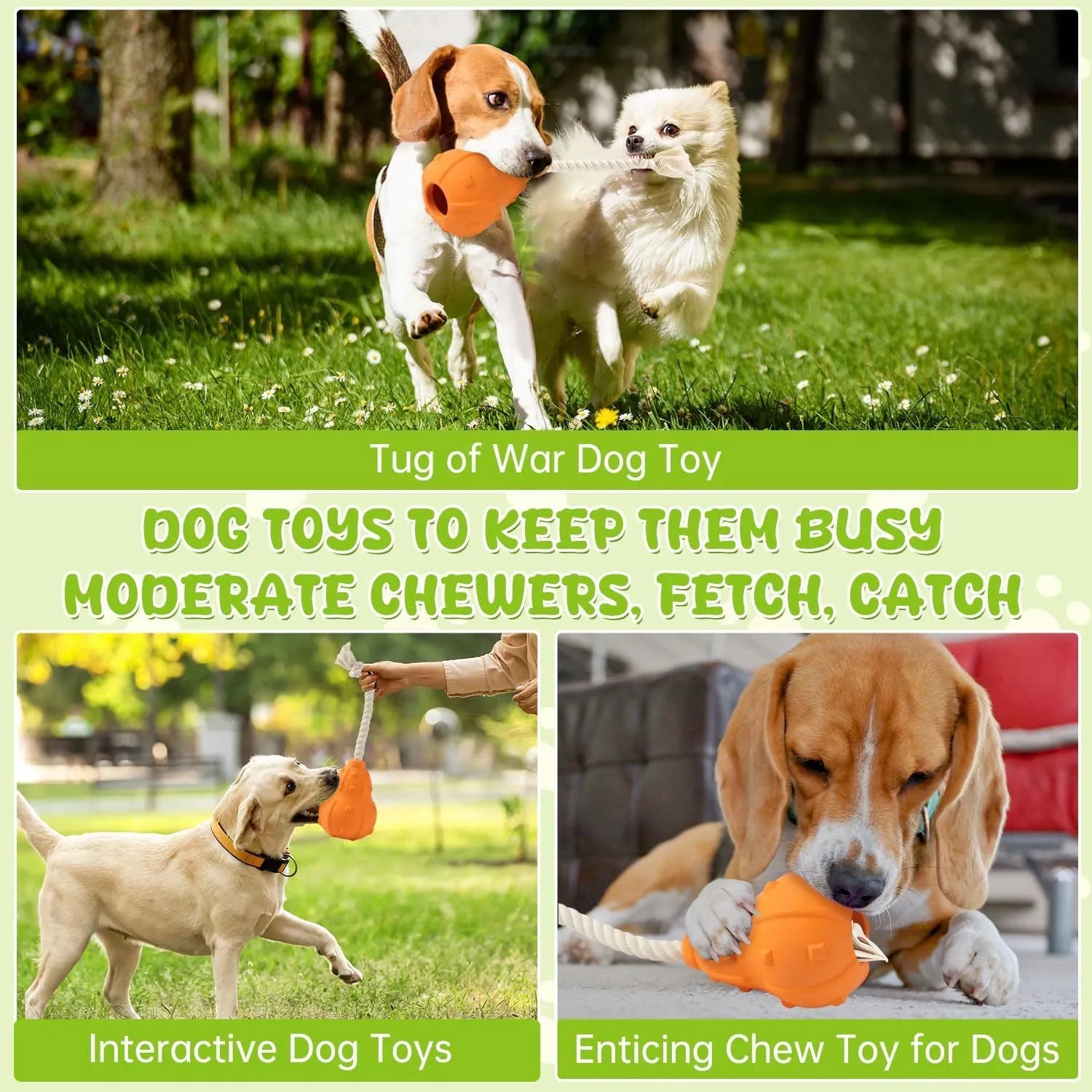 Natural rubber stuffable dog toy for small medium breeds, shown with treat filling and longer strap.