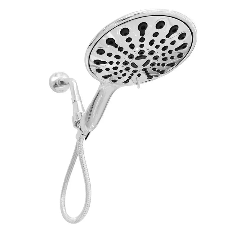 Portable handheld shower head with six spray functions and electroplated metallic finish