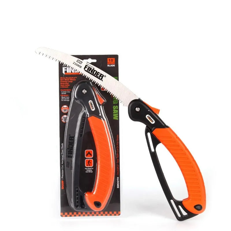 Folding garden saw with 230mm steel blade and TPR grip handle in open position