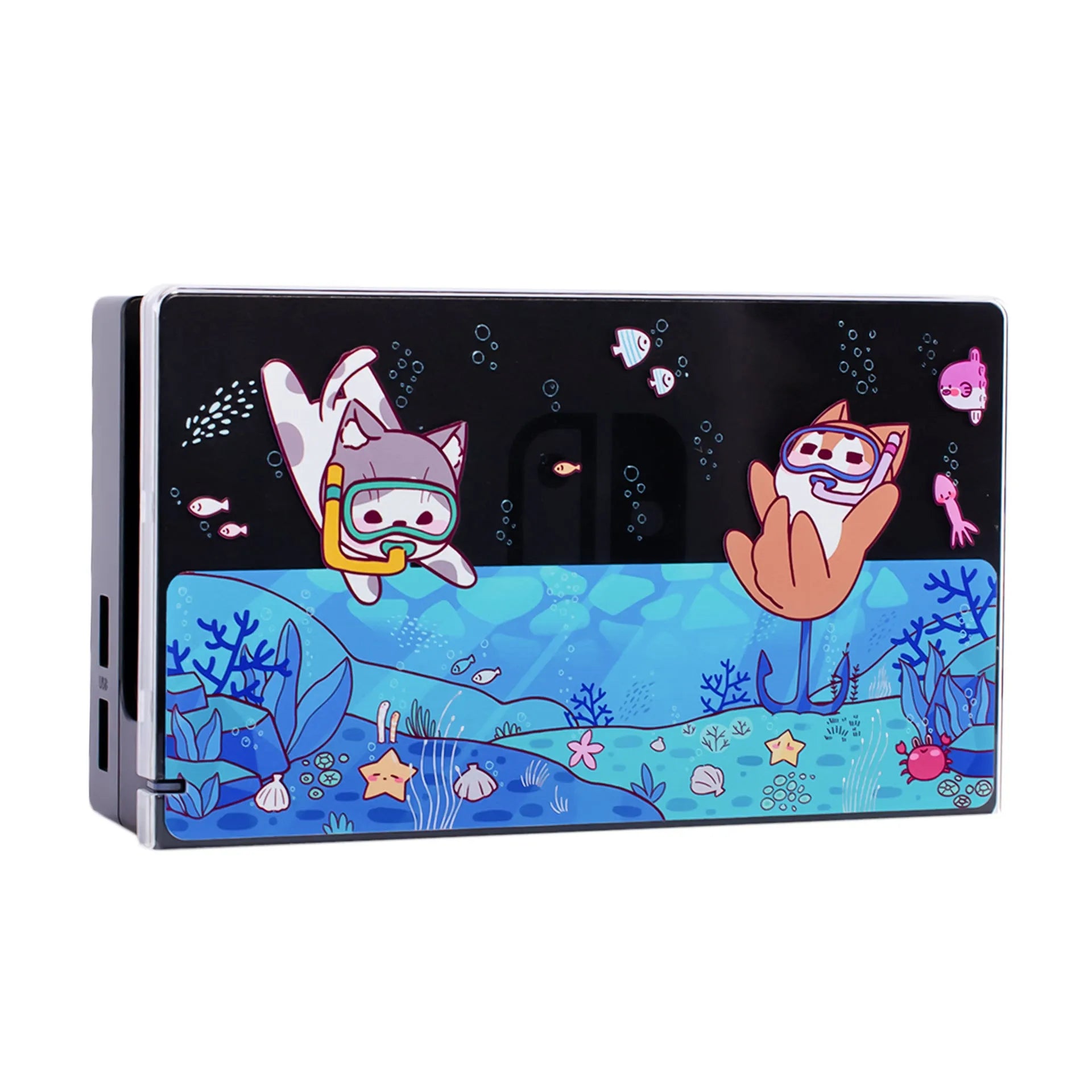 Transparent Nintendo Switch OLED protective case with seabed exploration themed packaging box