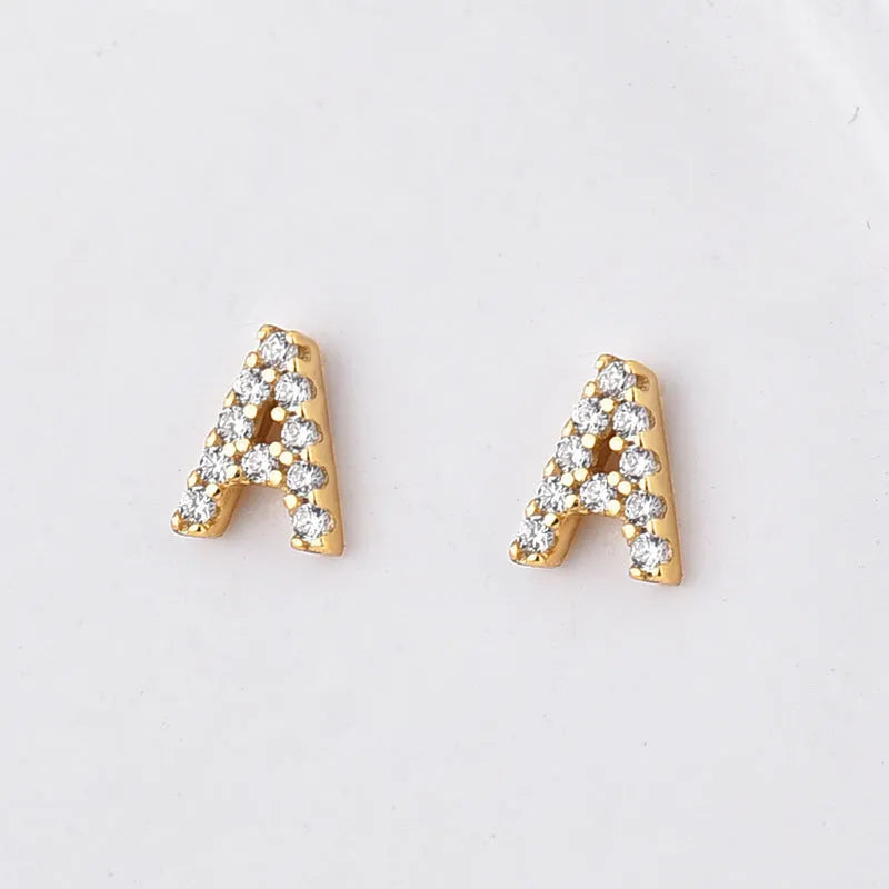 Gold plated alphabet letter earrings showing all 26 English letters A to Z with zircon detailing